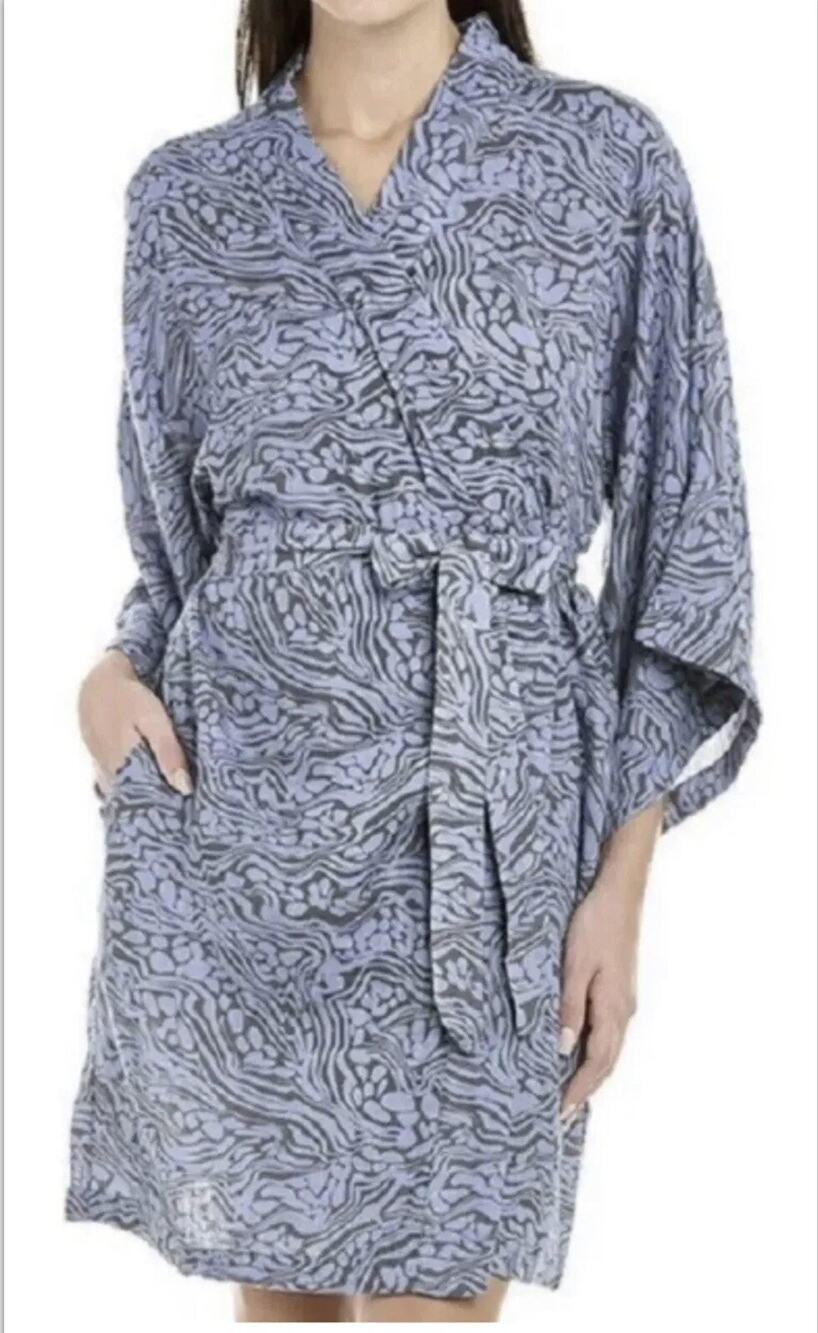 Calme by Johnny Was Double Gauze Kimono Robe Blue Black Size L